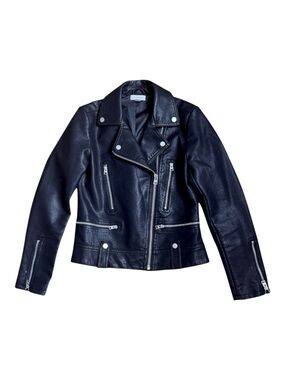 Topshop Black Vegan Leather Jacket US Sz 4 w/ Silver Accents Moto Motorcycle EUC